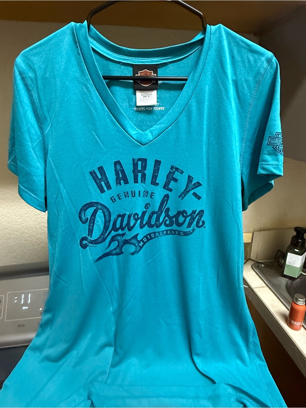 Harley-Davidson Women's Teal V-Neck Graphic Tee with Navy Logo